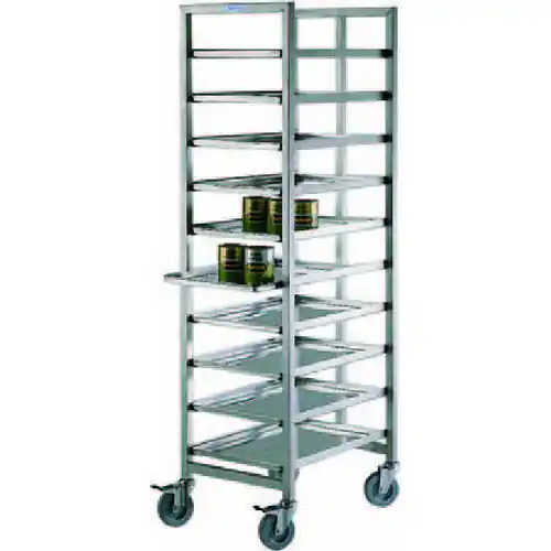 CNS-Transportwagen L 460 x T 640 x H 1700 mm, Chromnickelstahl Werkstoff-Nr. 1.4301, mit hinterer Anschlagleiste, für 10 Bleche 600 x 400 x 25 mm im Abstand von 150 mm, 4 gummiber. Lenkrollen Ø 125 mm, 2 mit Feststellern, Gehäuse verzinkt Nur Für Kurze Zeit